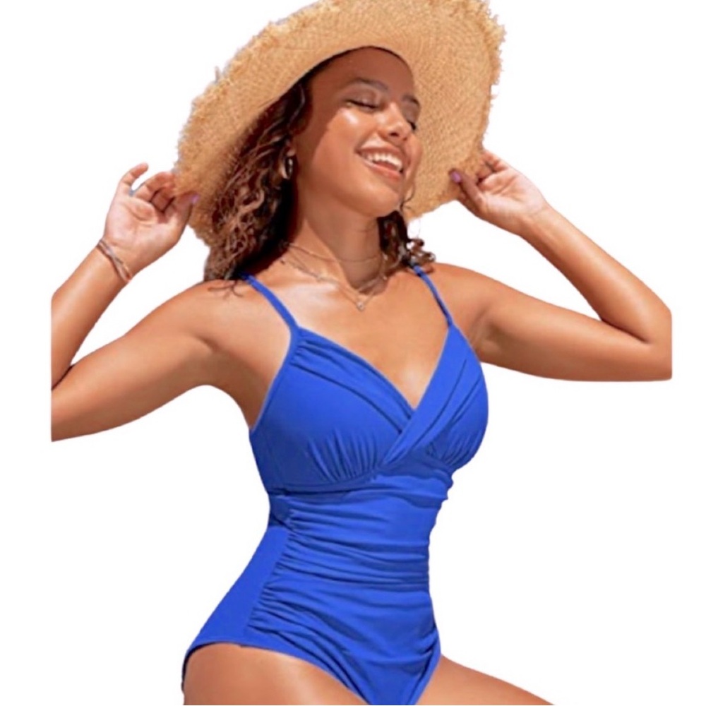 Hilor Blue Ruched Slimming one piece bathing suit sz 12
